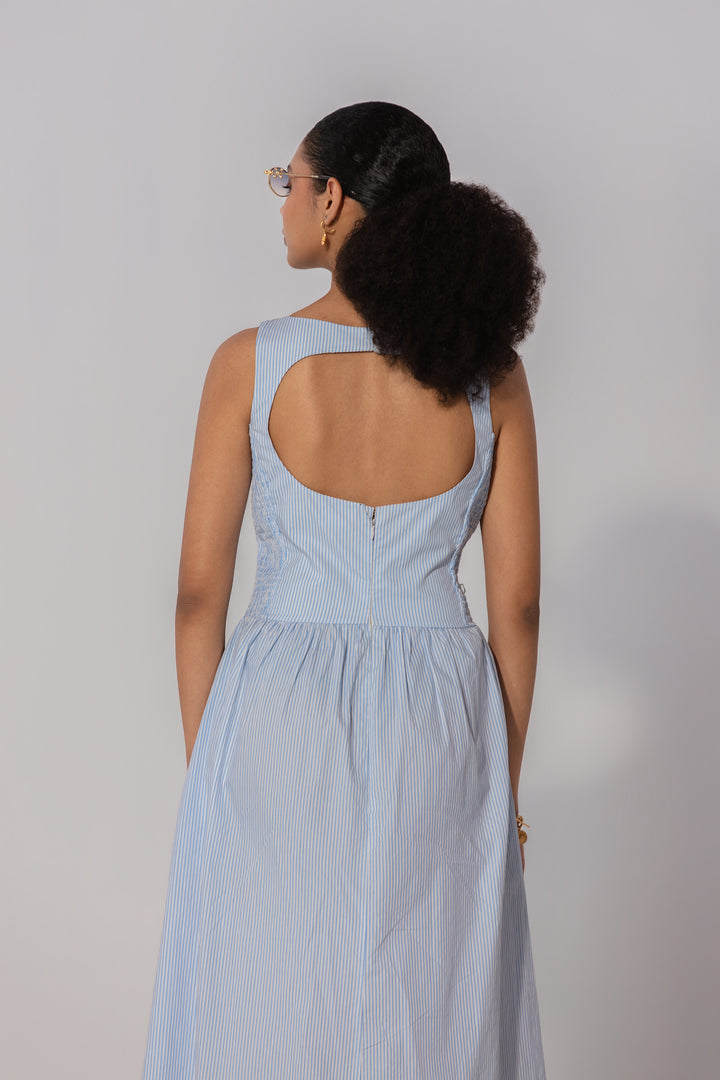Sky Stripe Shirred Panel Maxi Dress