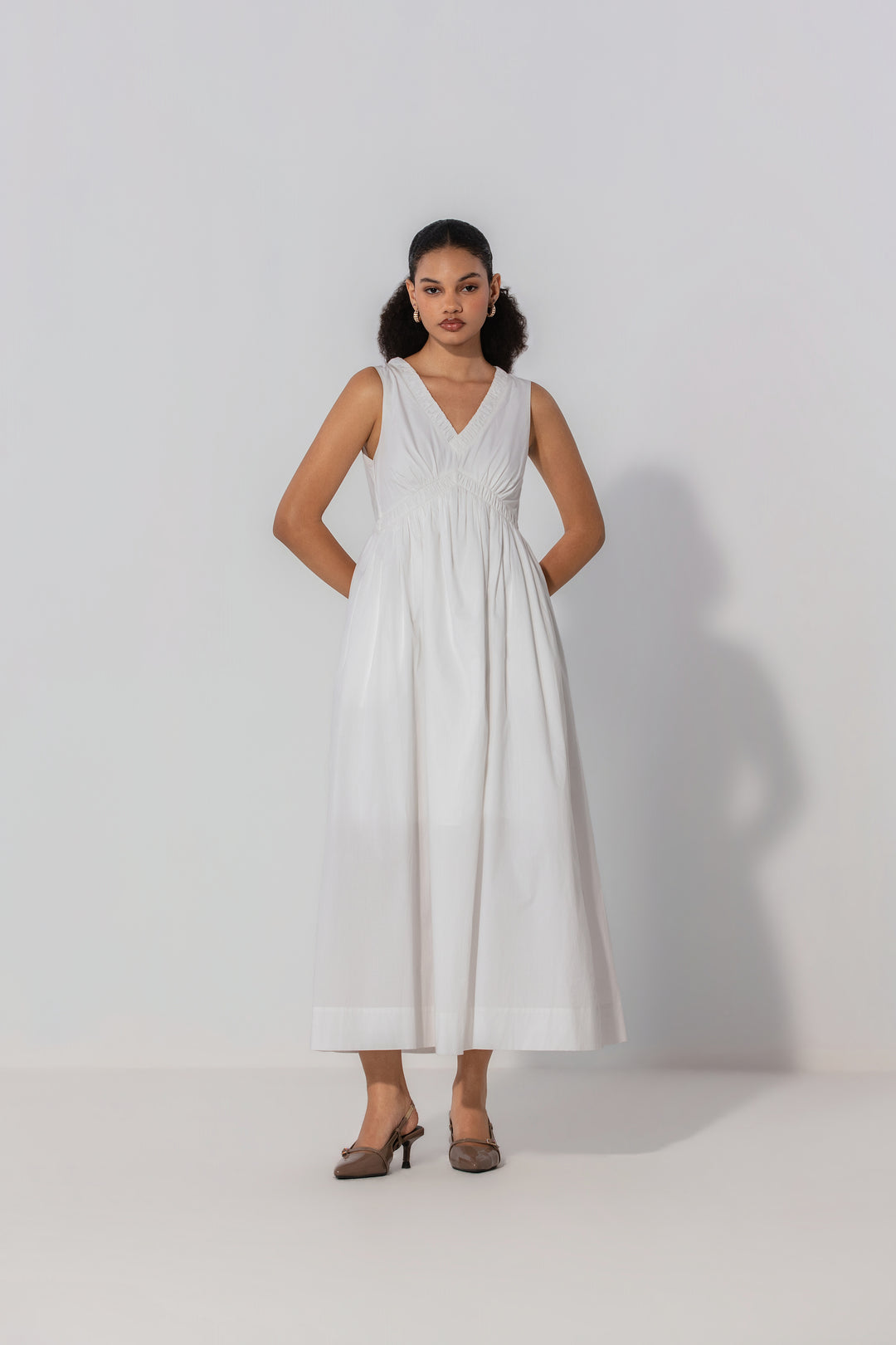 Ivory V-Neck Gathered Maxi Dress