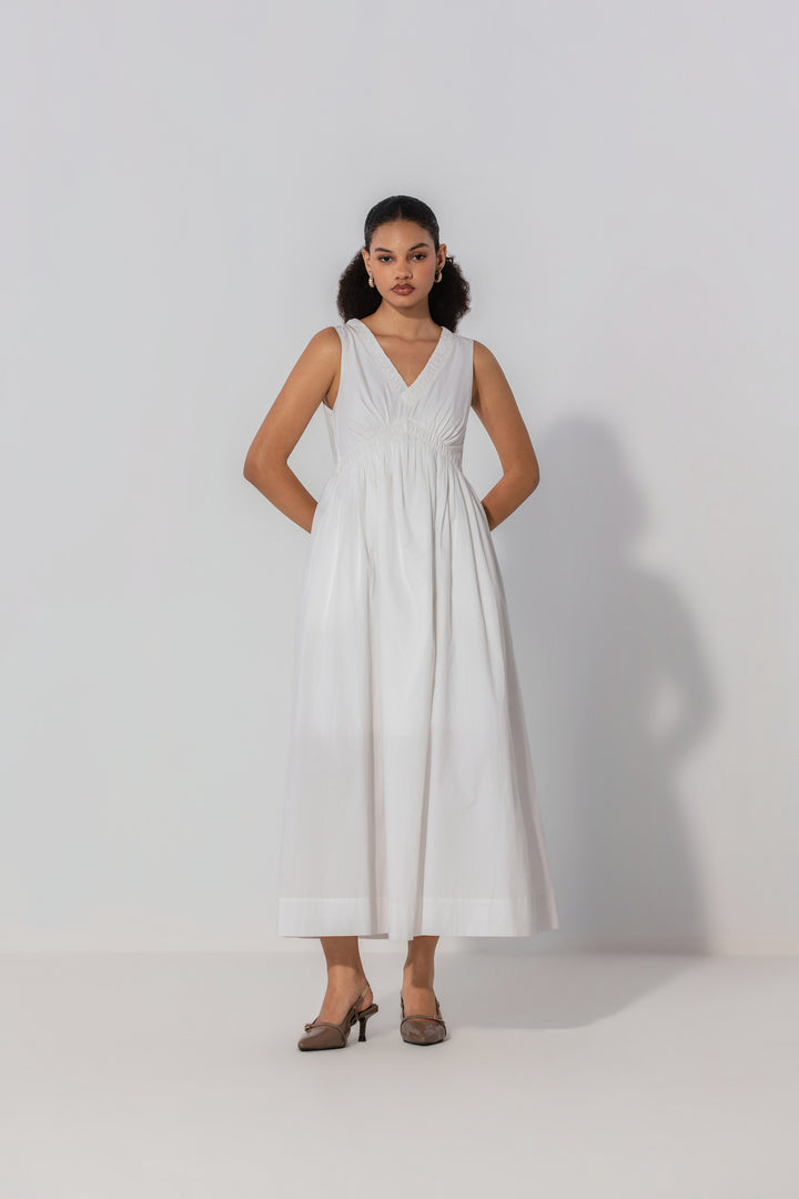 Ivory V-Neck Gathered Maxi Dress