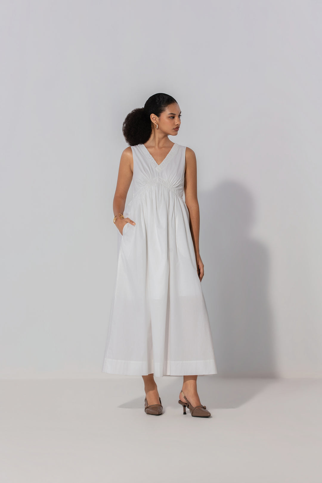 Ivory V-Neck Gathered Maxi Dress