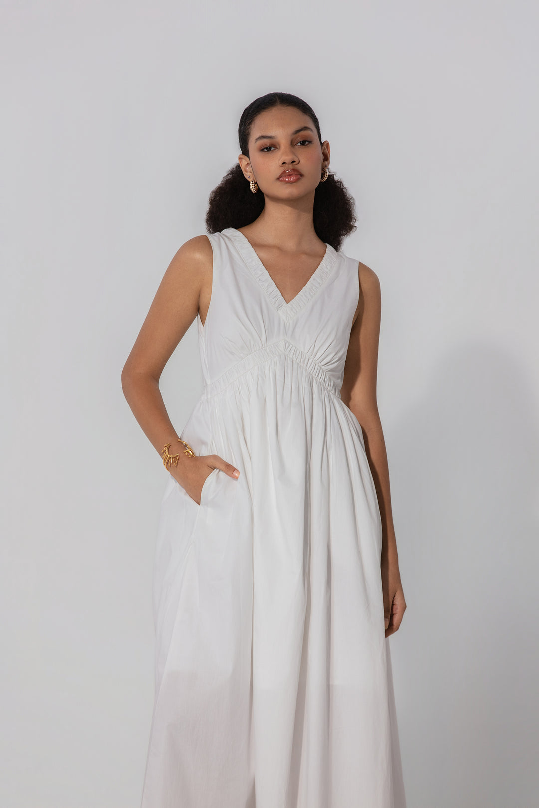 Ivory V-Neck Gathered Maxi Dress