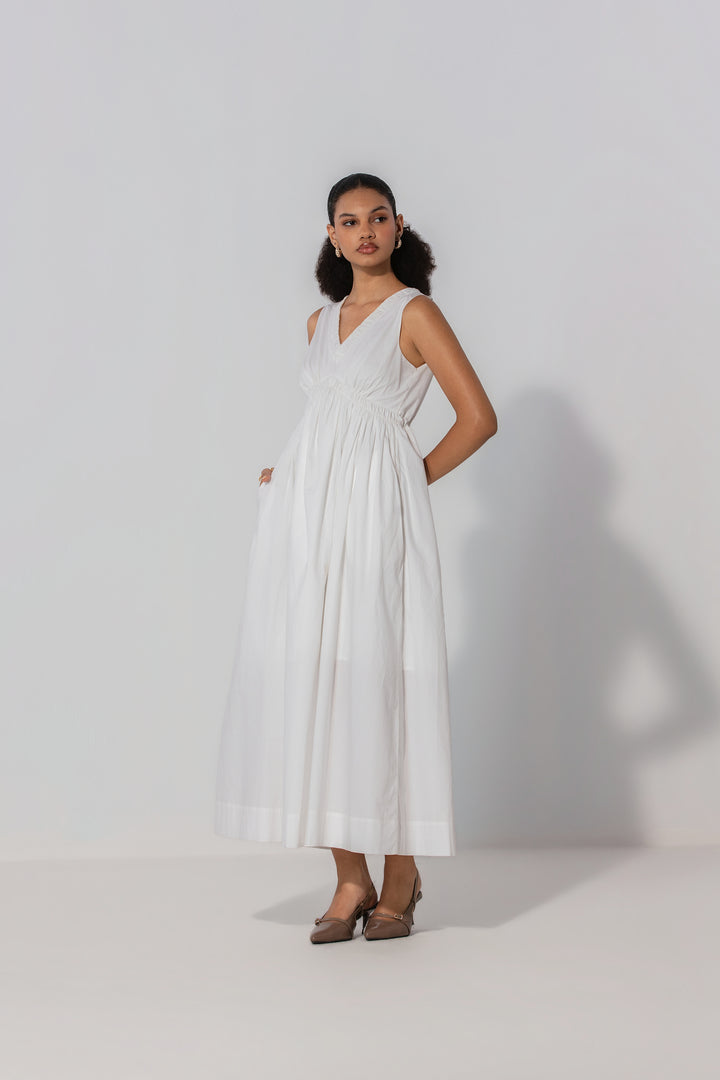 Ivory V-Neck Gathered Maxi Dress