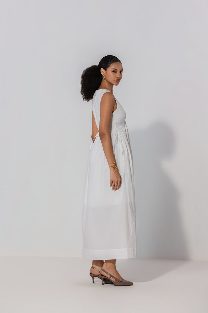 Ivory V-Neck Gathered Maxi Dress