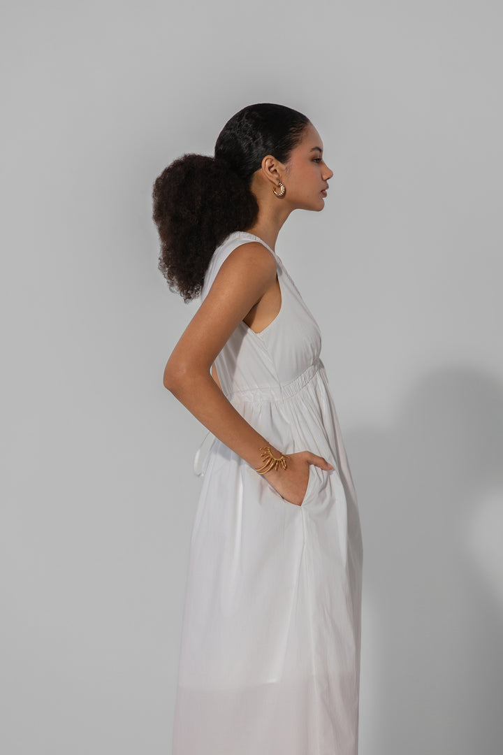Ivory V-Neck Gathered Maxi Dress