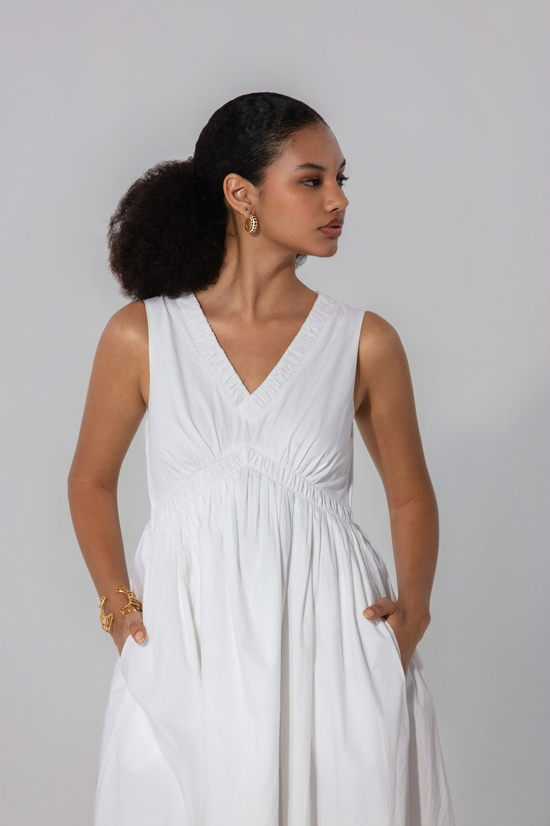 Ivory V-Neck Gathered Maxi Dress