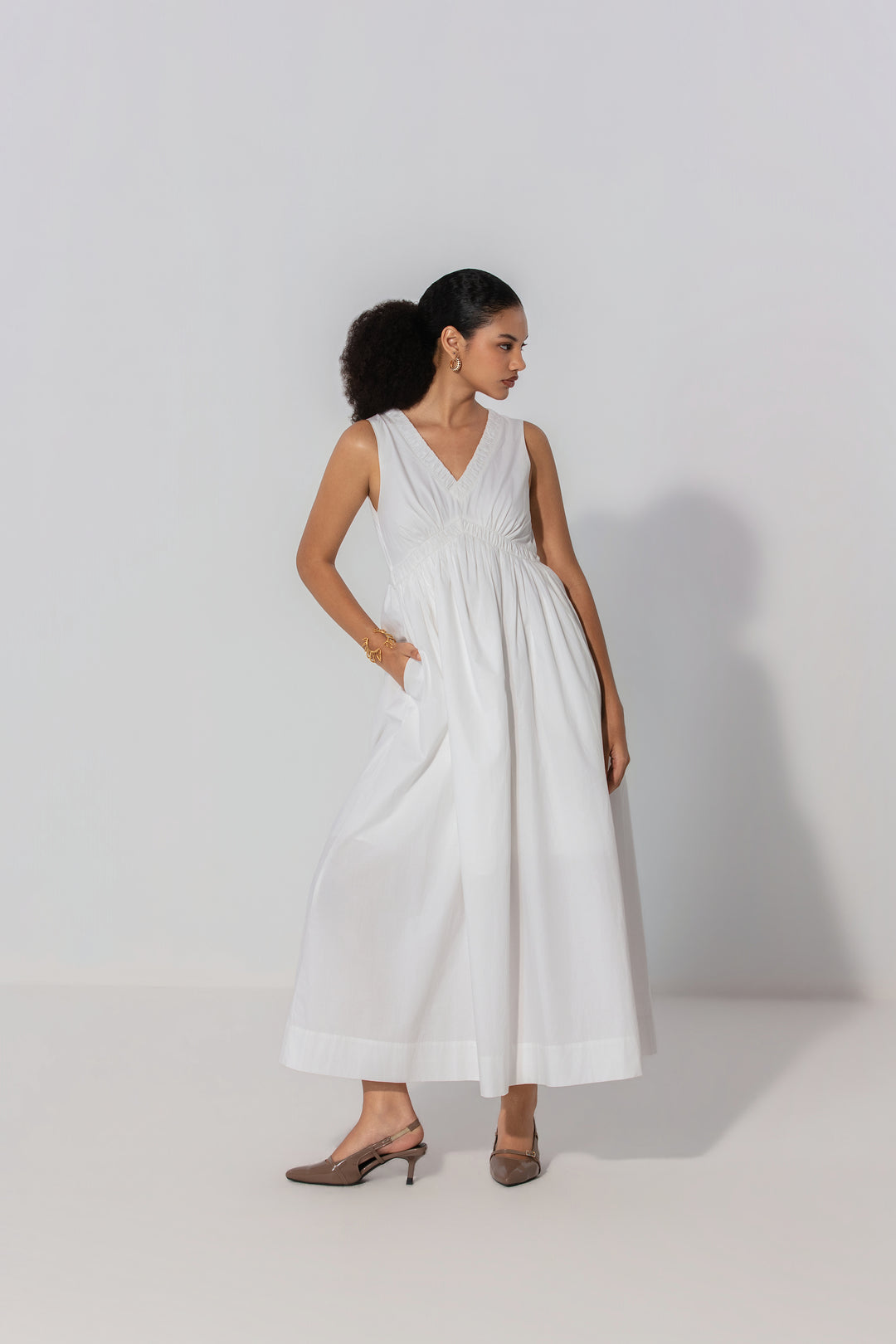 Ivory V-Neck Gathered Maxi Dress