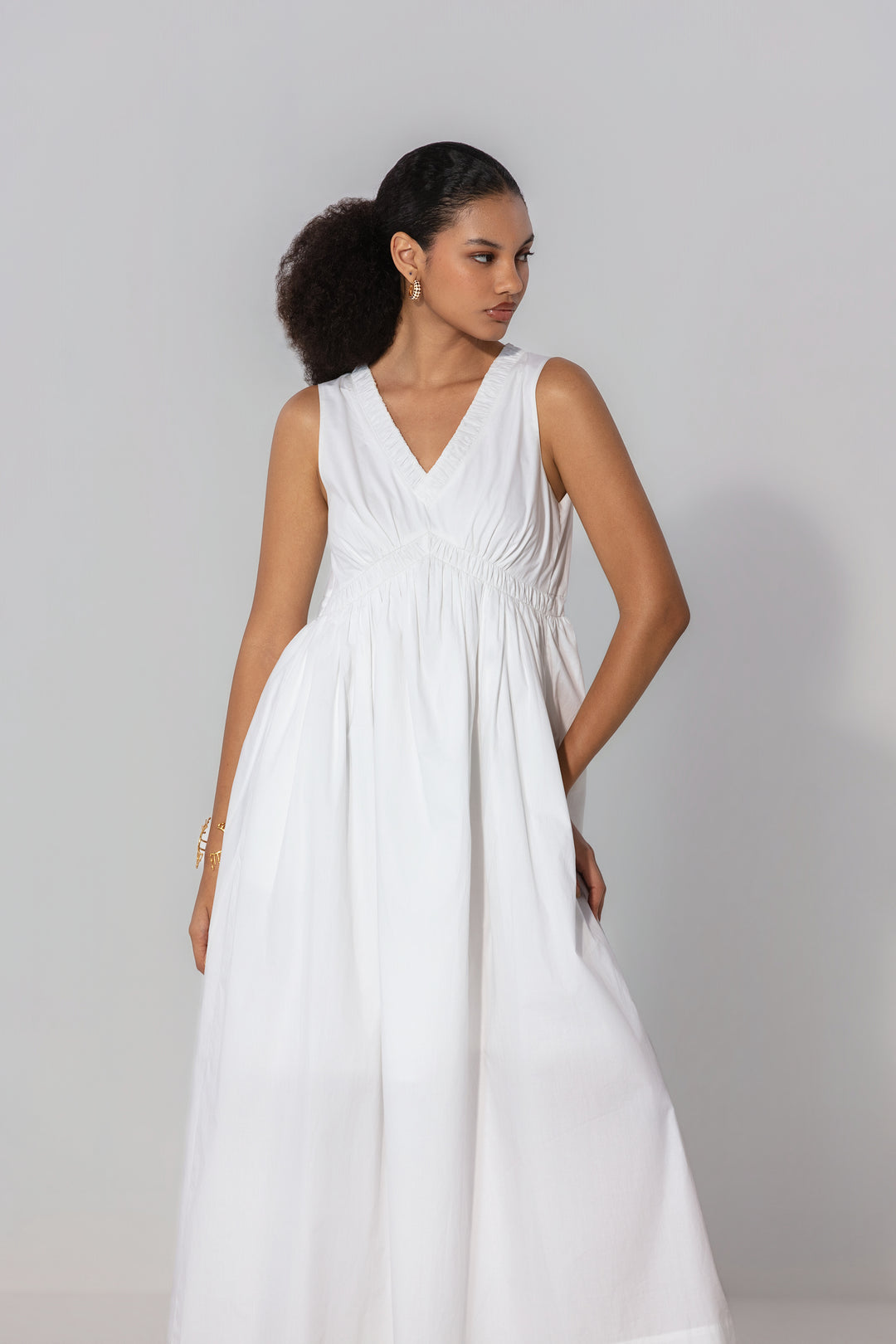 Ivory V-Neck Gathered Maxi Dress
