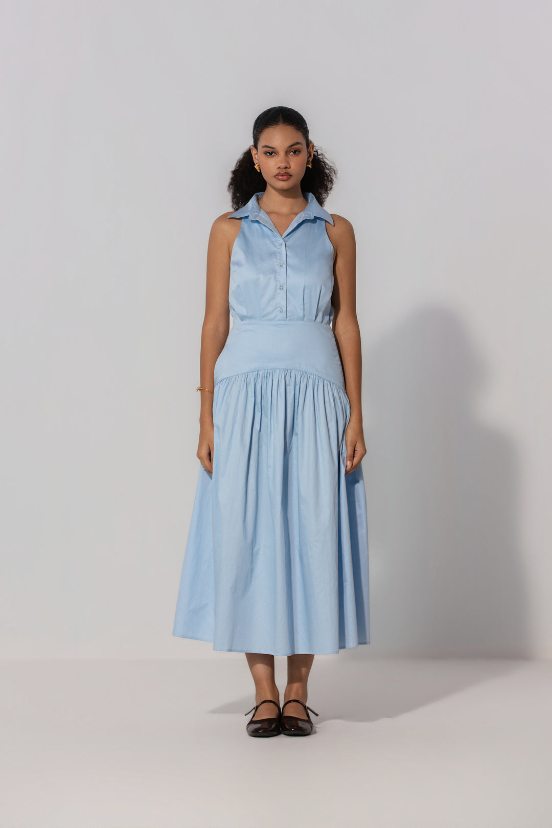 Sky Collared Drop-Waist Maxi Dress