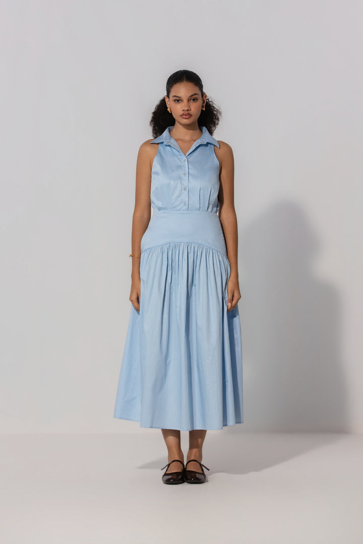 Sky Collared Drop-Waist Maxi Dress