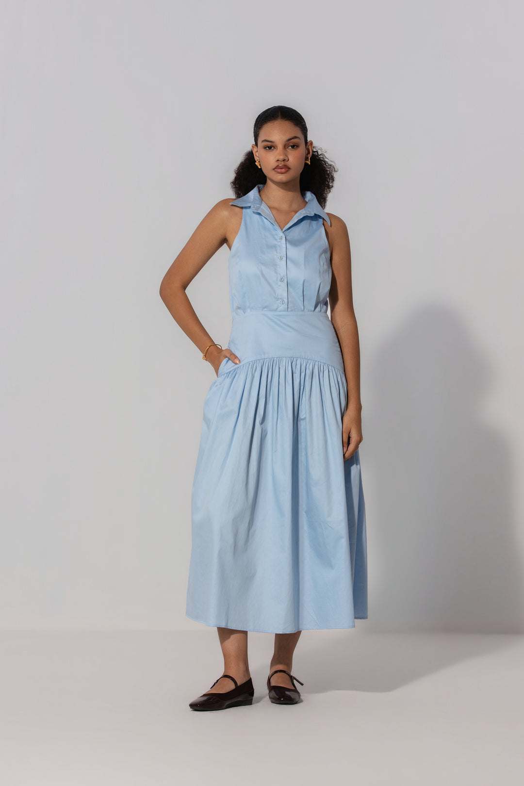 Sky Collared Drop-Waist Maxi Dress