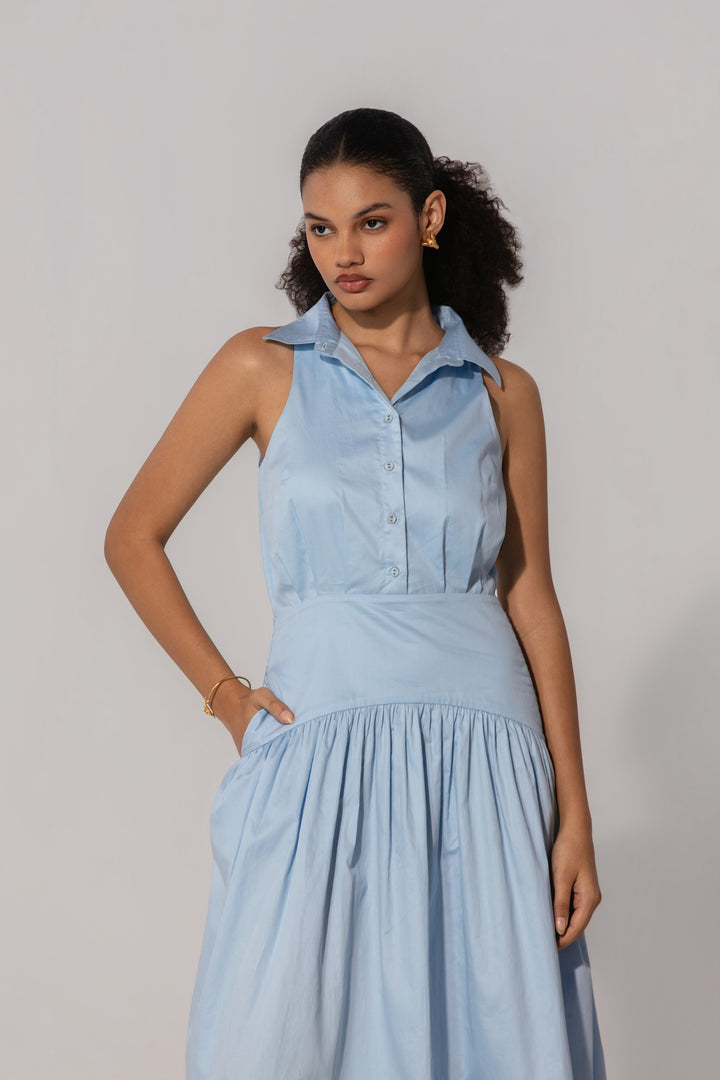 Sky Collared Drop-Waist Maxi Dress