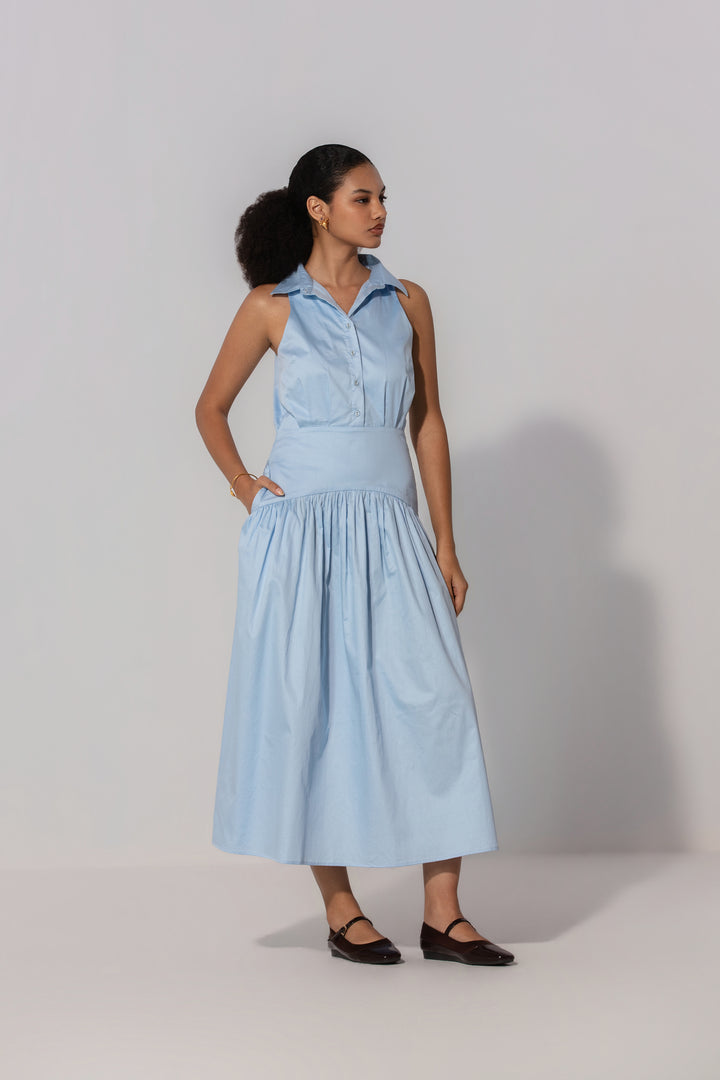Sky Collared Drop-Waist Maxi Dress