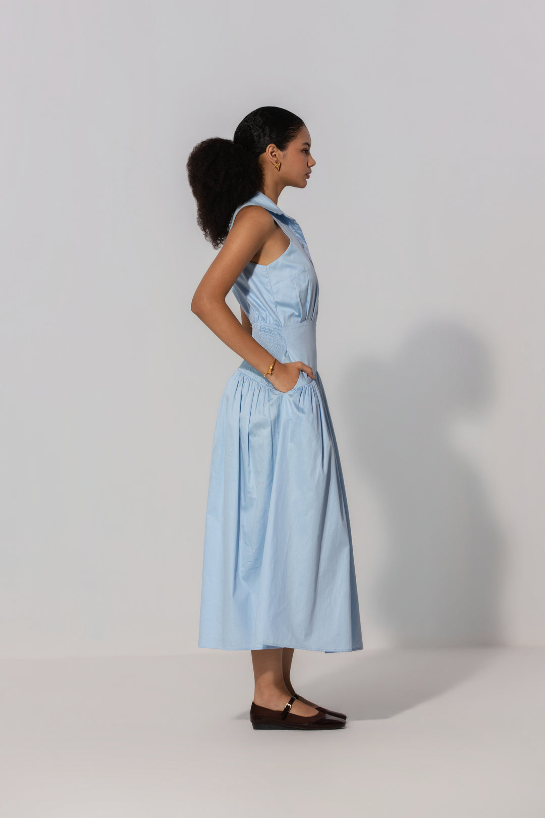 Sky Collared Drop-Waist Maxi Dress