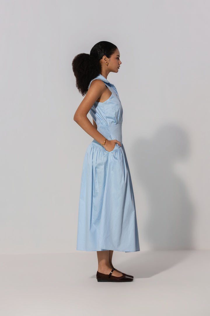 Sky Collared Drop-Waist Maxi Dress