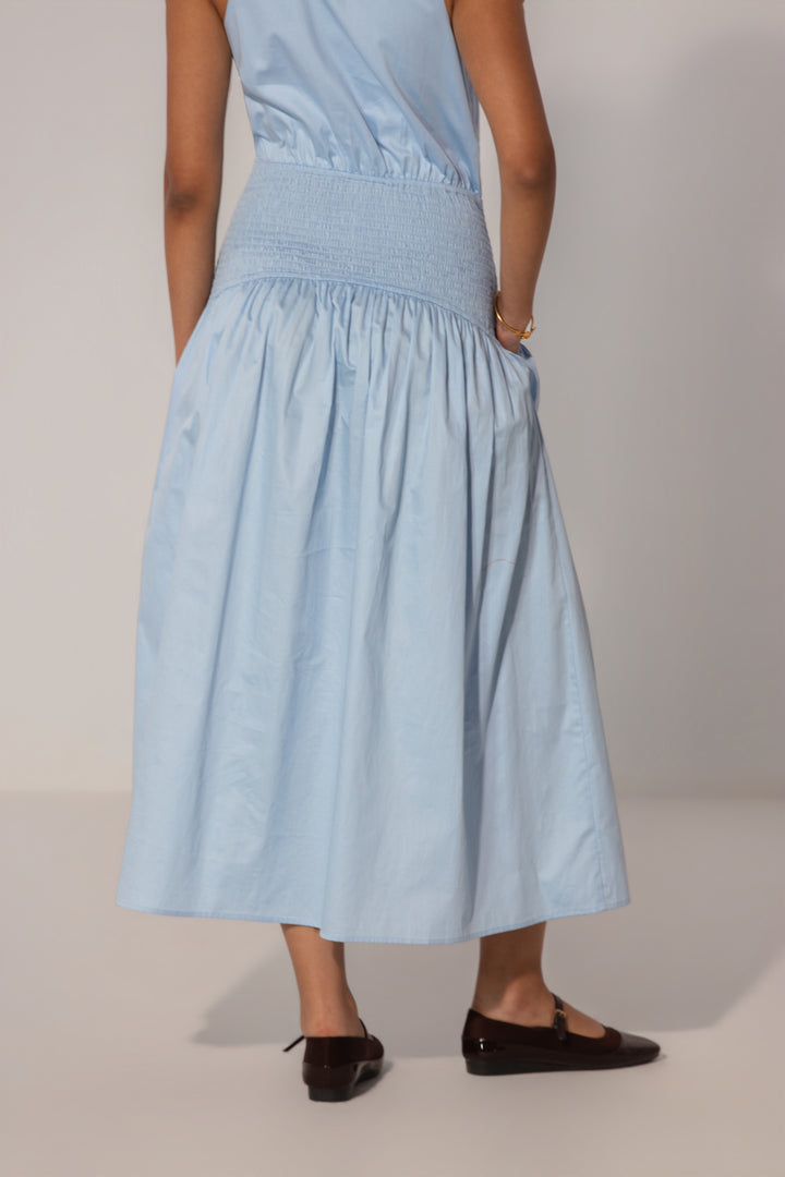Sky Collared Drop-Waist Maxi Dress