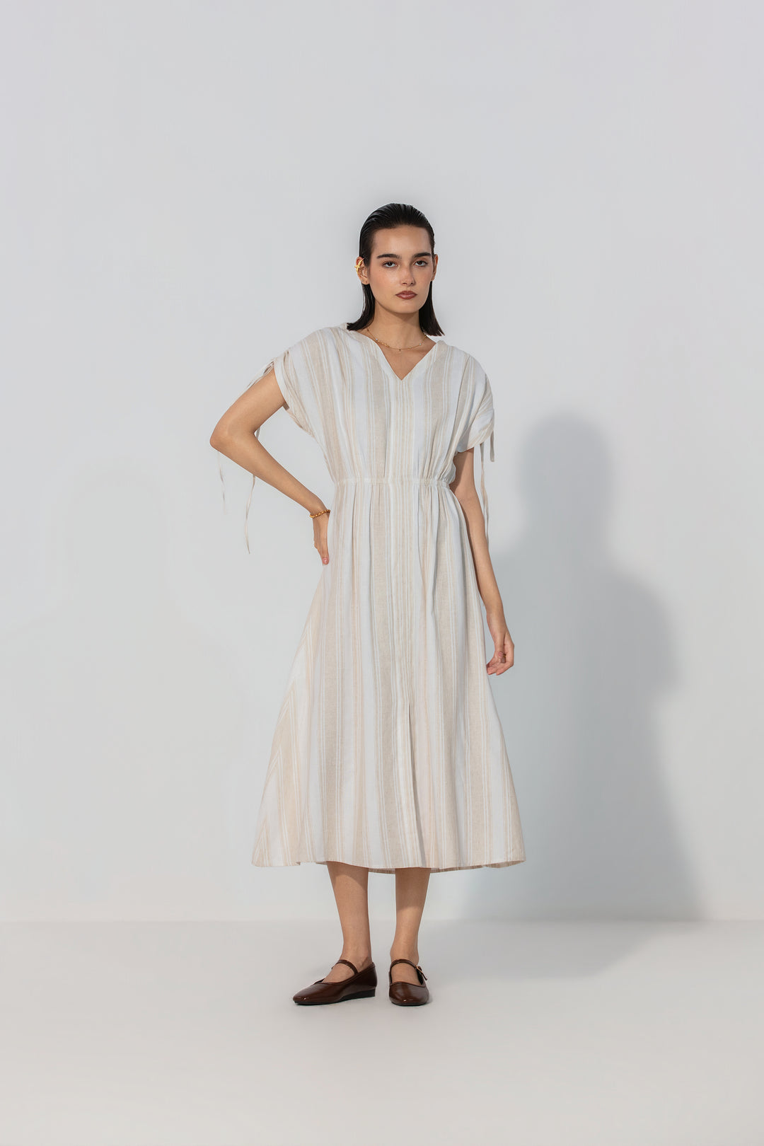 Natural Stripe Drawstring Sleeve Maxi Dress