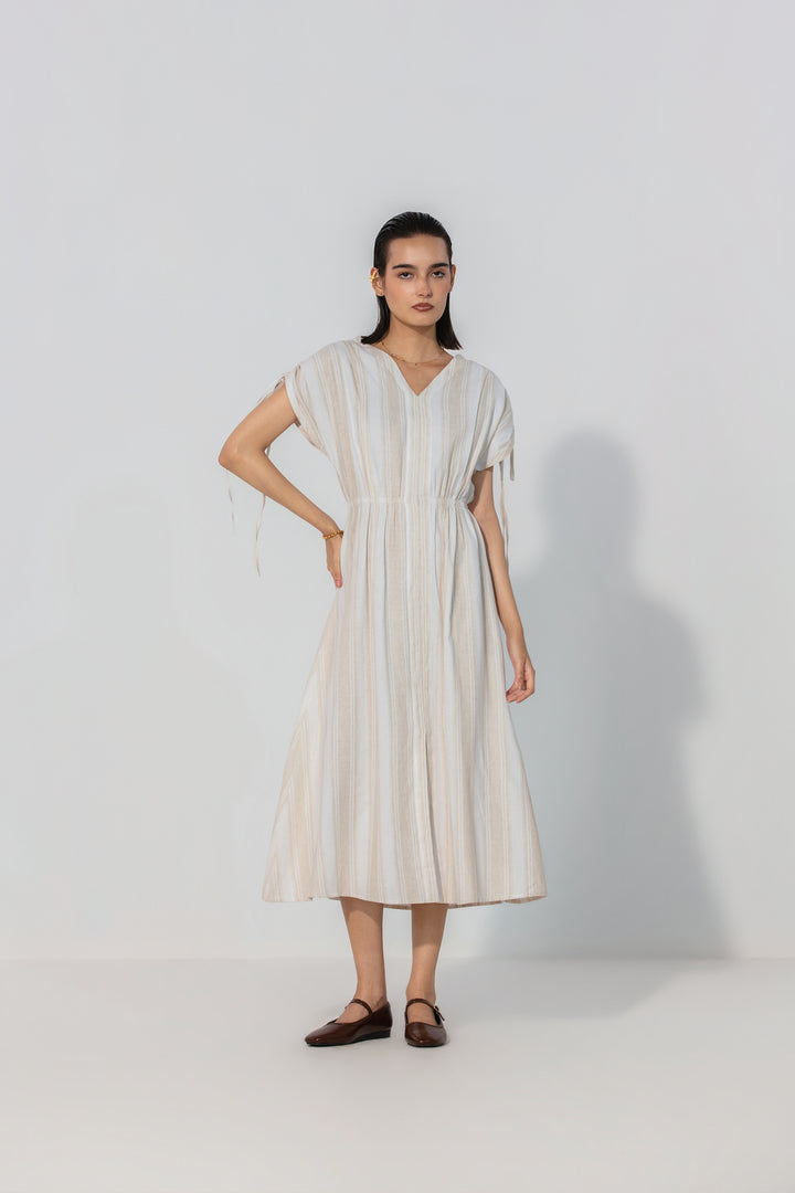 Natural Stripe Drawstring Sleeve Maxi Dress