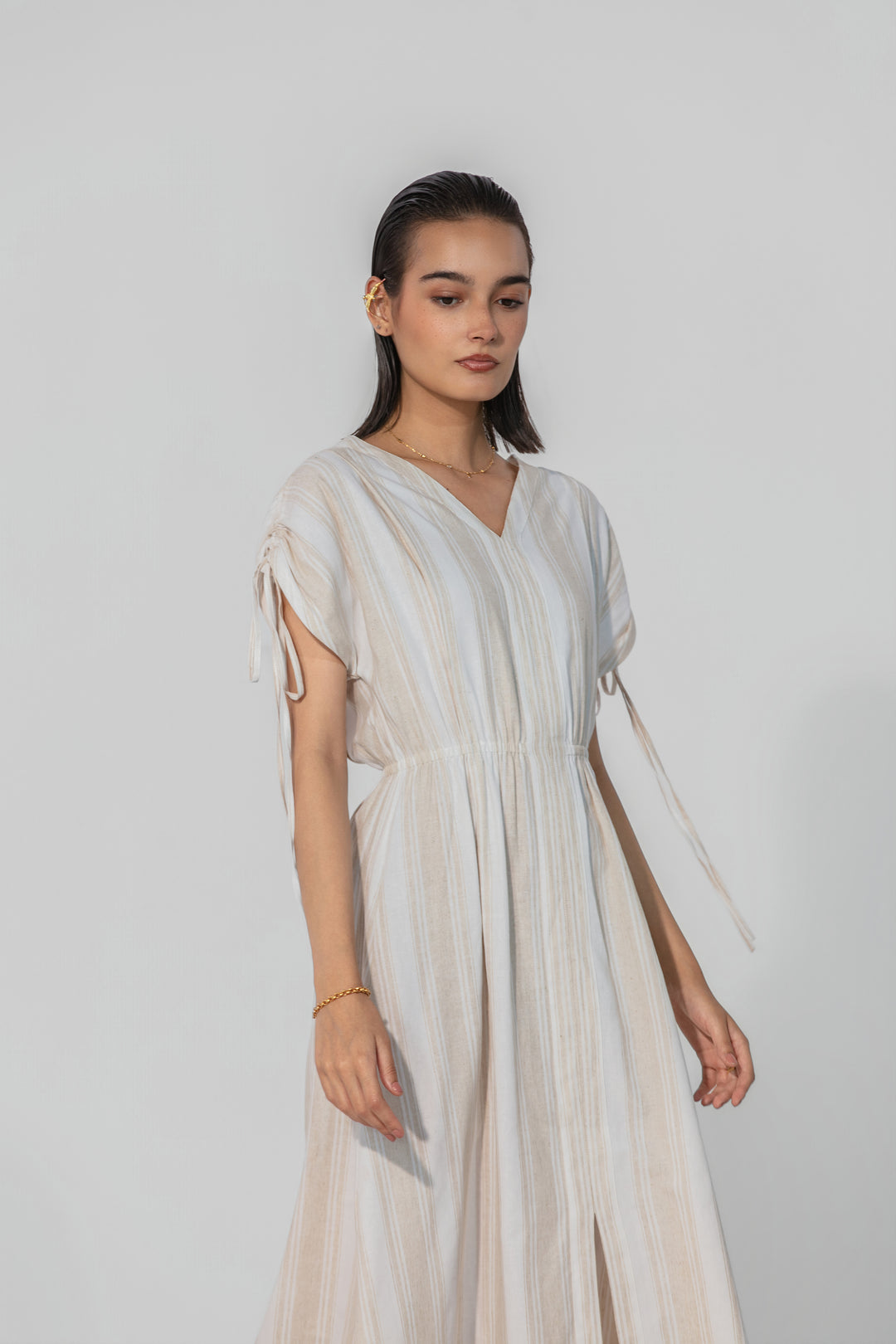 Natural Stripe Drawstring Sleeve Maxi Dress