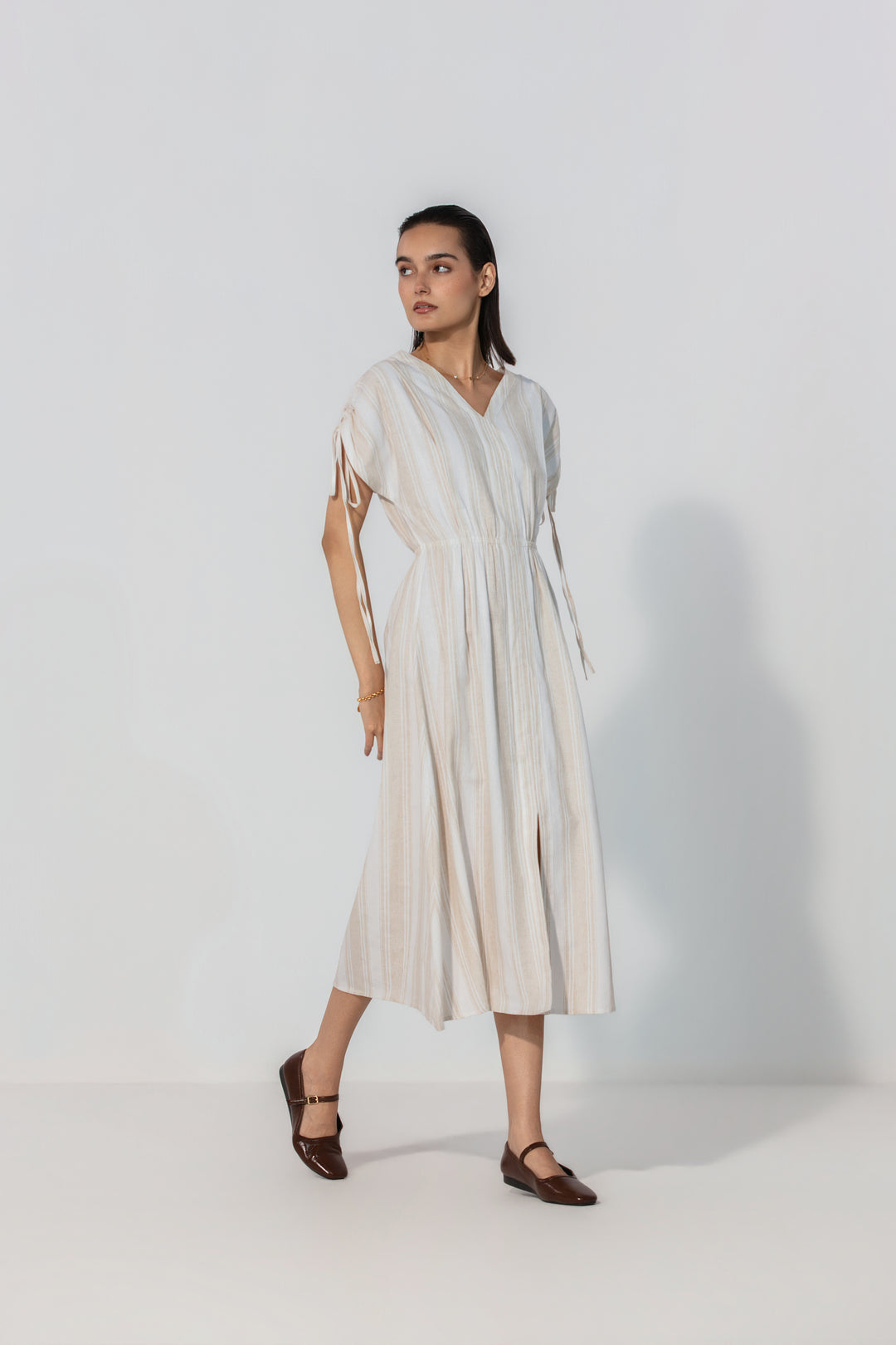 Natural Stripe Drawstring Sleeve Maxi Dress