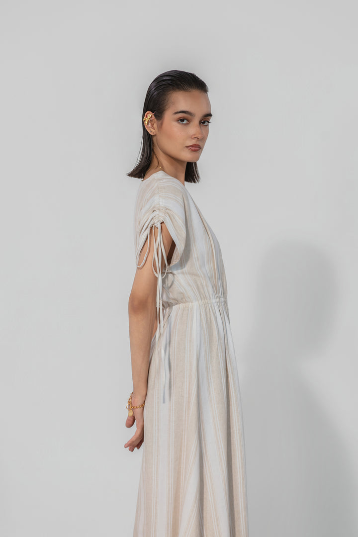 Natural Stripe Drawstring Sleeve Maxi Dress