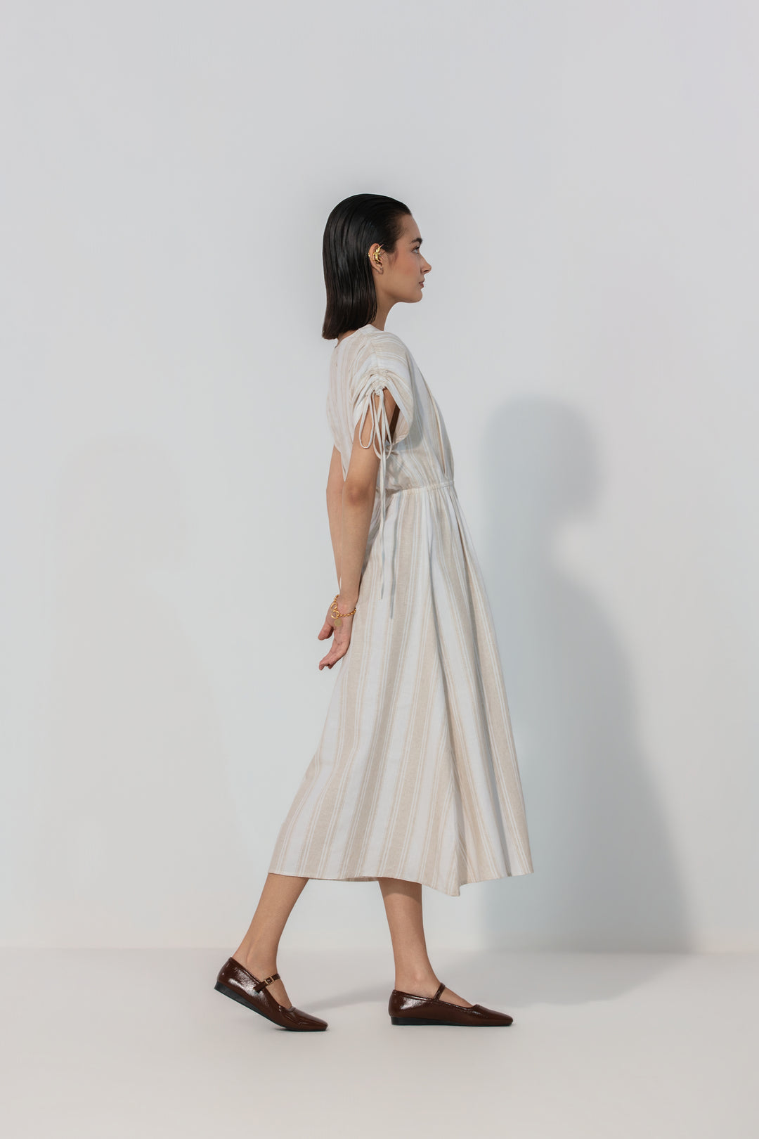 Natural Stripe Drawstring Sleeve Maxi Dress