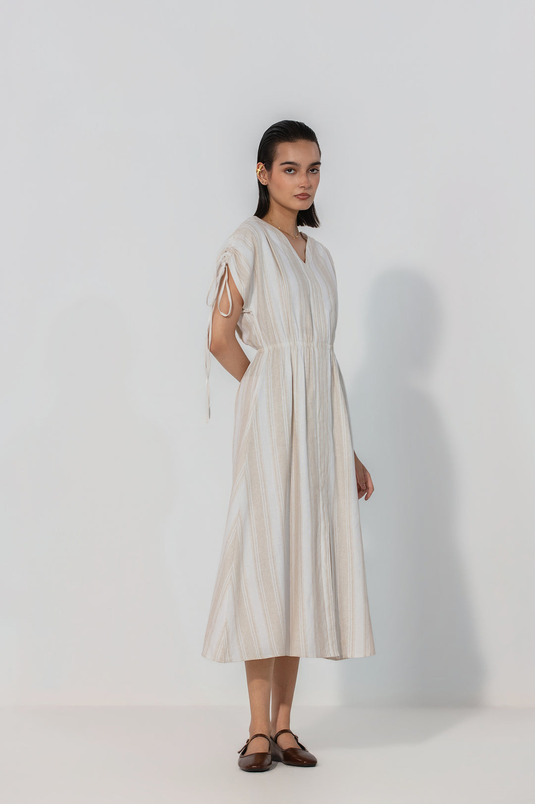 Natural Stripe Drawstring Sleeve Maxi Dress