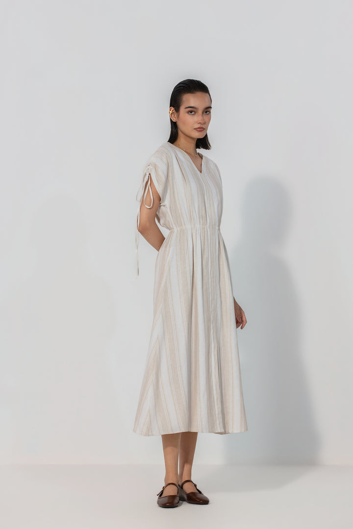 Natural Stripe Drawstring Sleeve Maxi Dress