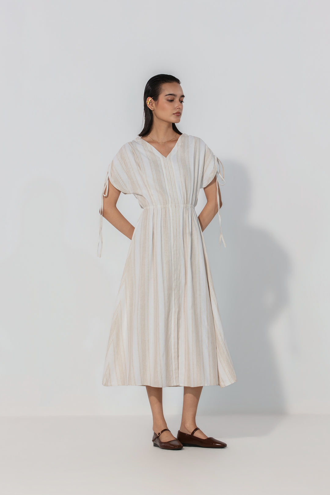 Natural Stripe Drawstring Sleeve Maxi Dress
