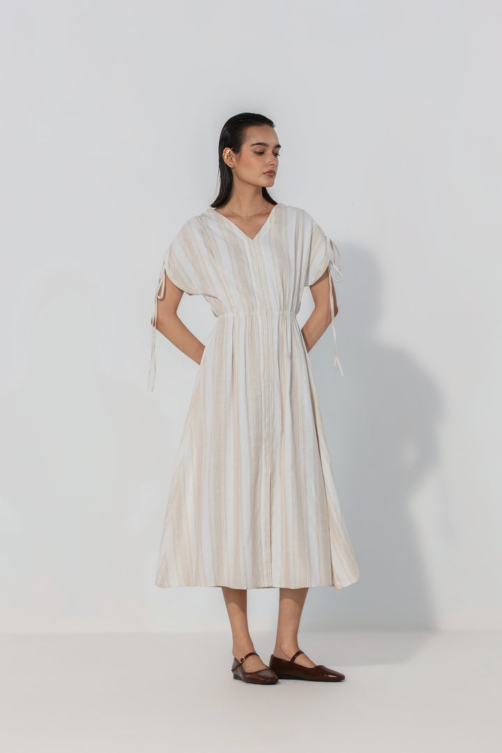 Natural Stripe Drawstring Sleeve Maxi Dress