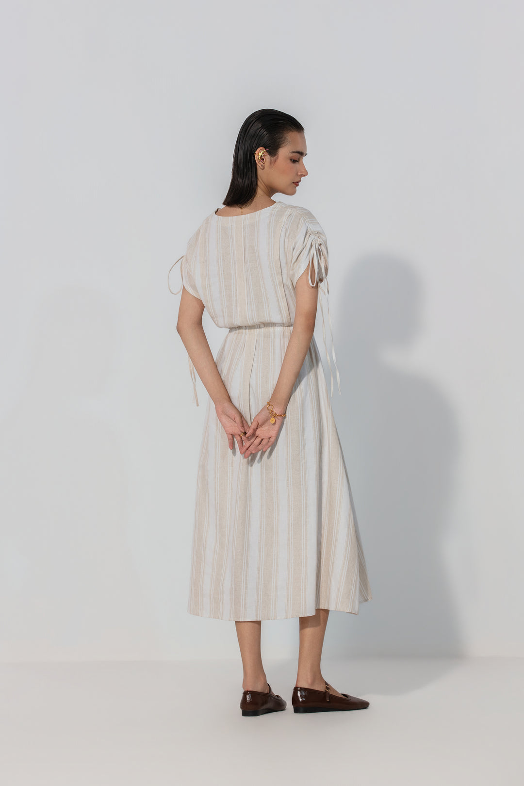 Natural Stripe Drawstring Sleeve Maxi Dress