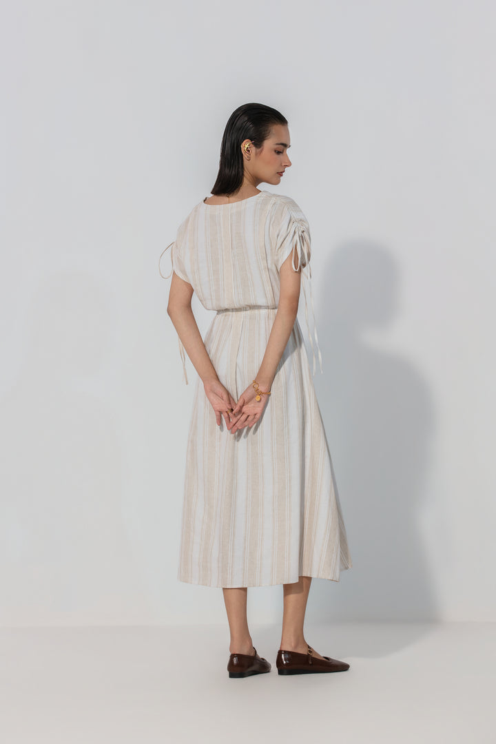 Natural Stripe Drawstring Sleeve Maxi Dress