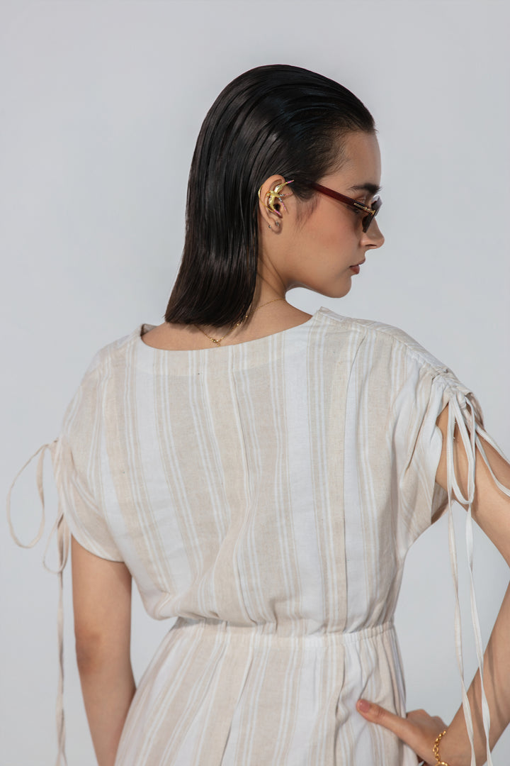 Natural Stripe Drawstring Sleeve Maxi Dress