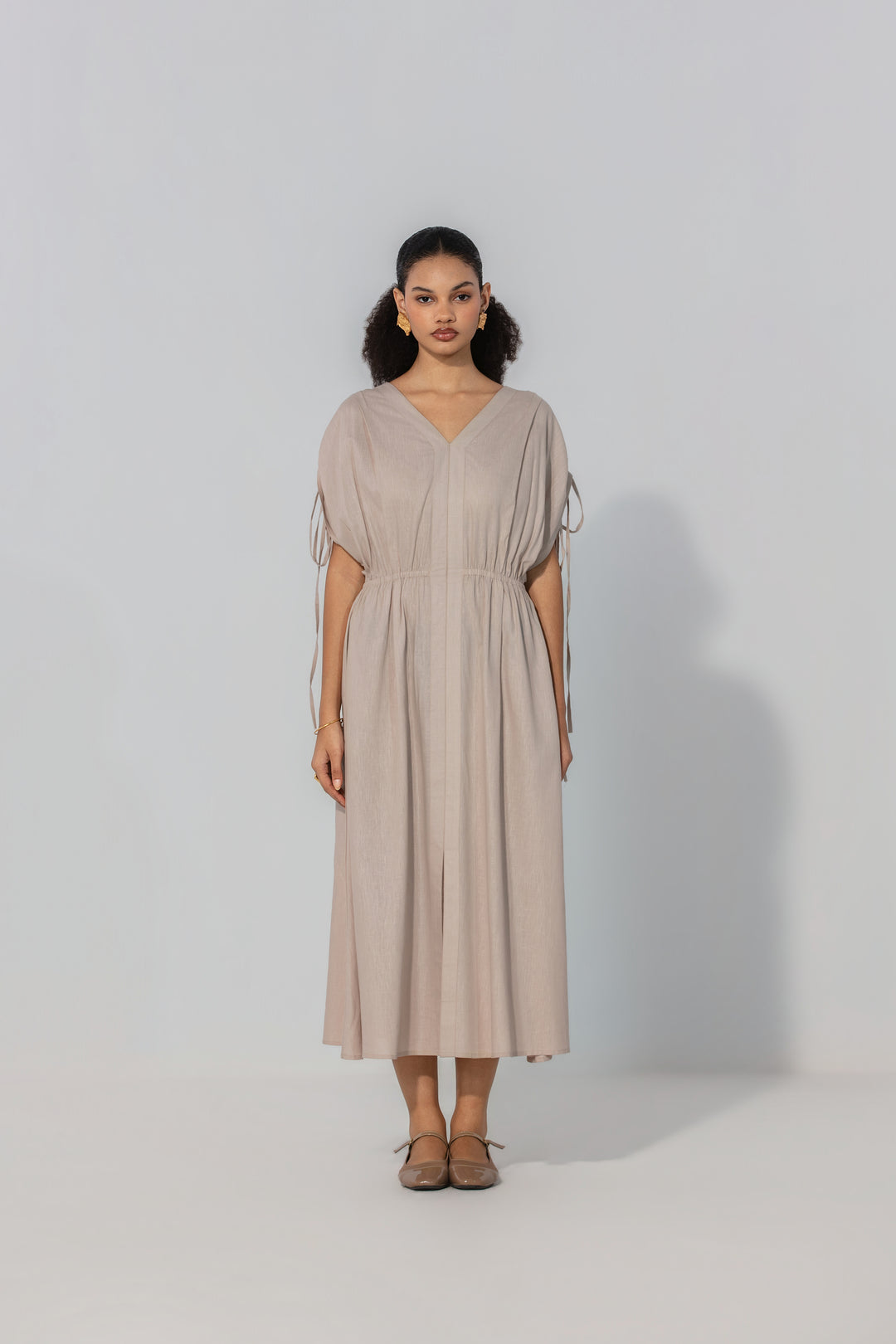 Taupe Drawstring Sleeve Maxi Dress