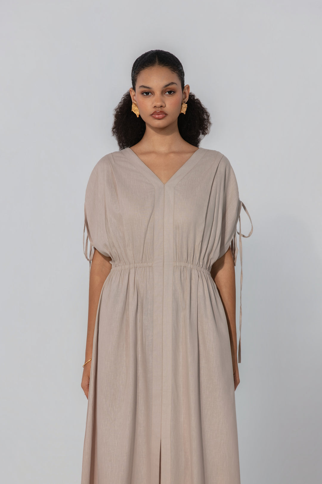 Taupe Drawstring Sleeve Maxi Dress