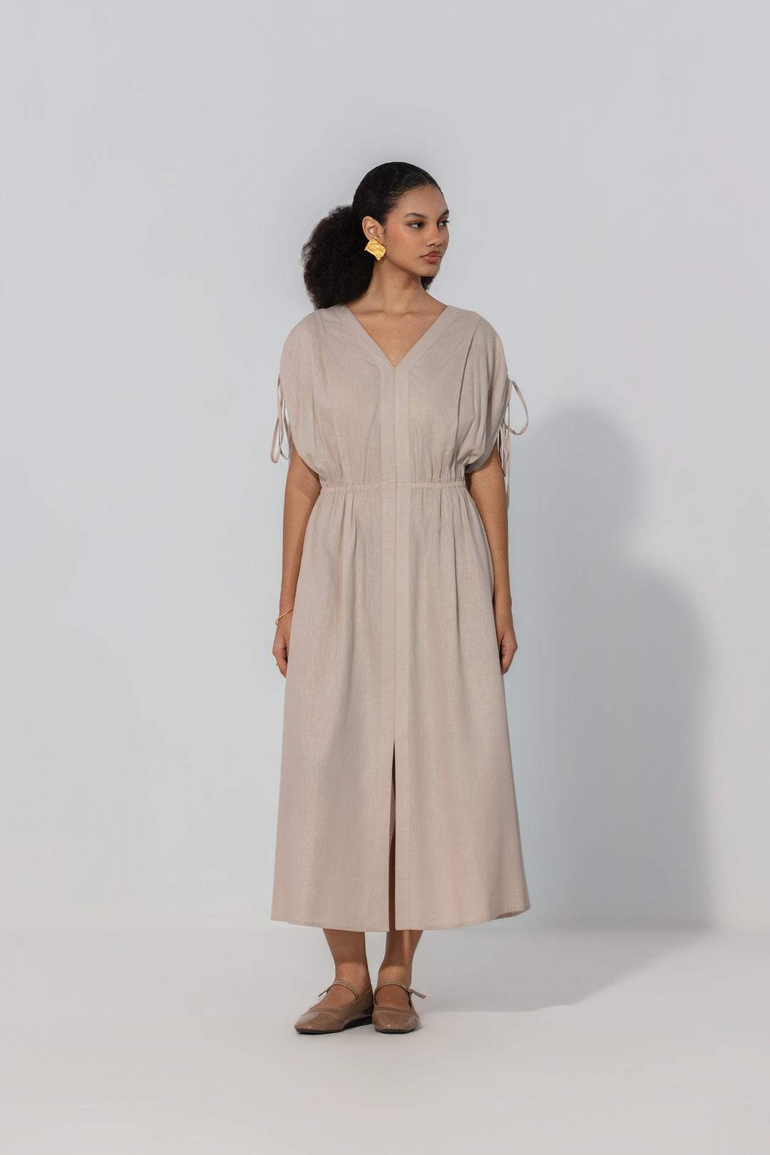 Taupe Drawstring Sleeve Maxi Dress