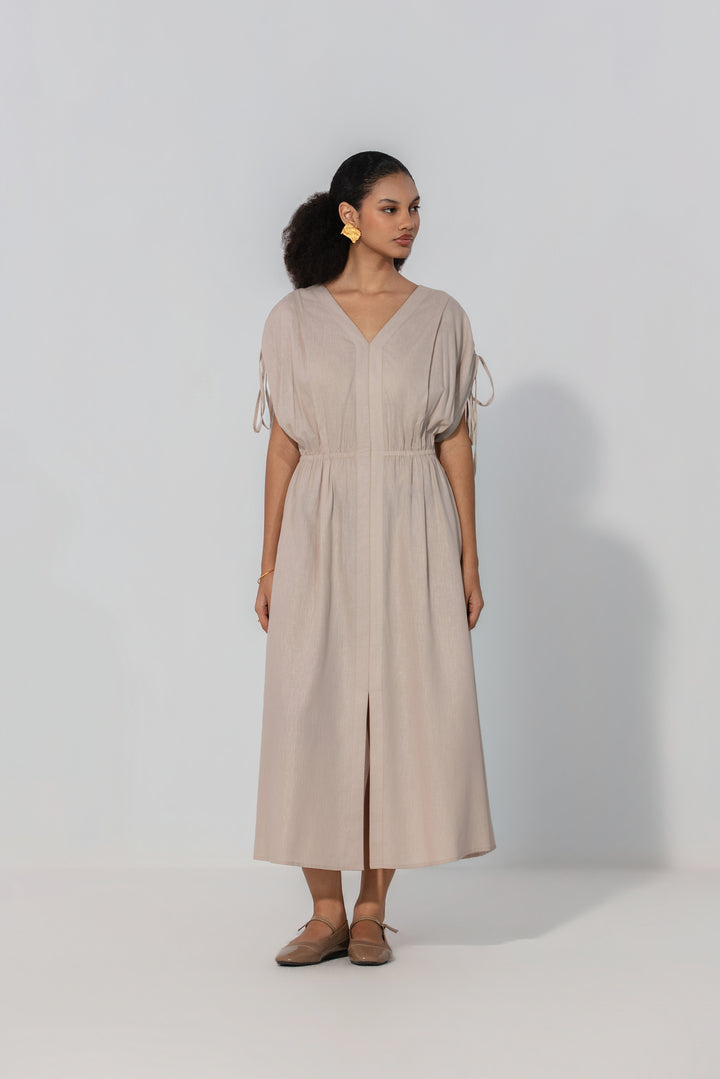 Taupe Drawstring Sleeve Maxi Dress