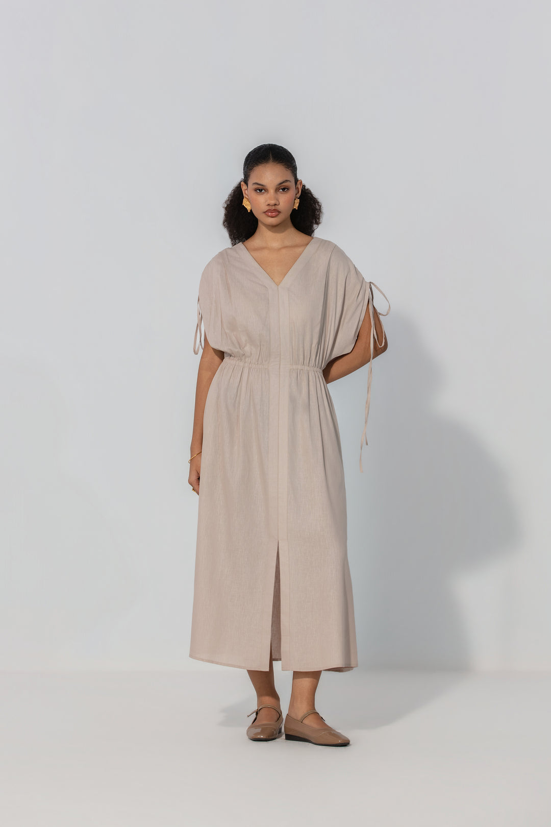 Taupe Drawstring Sleeve Maxi Dress