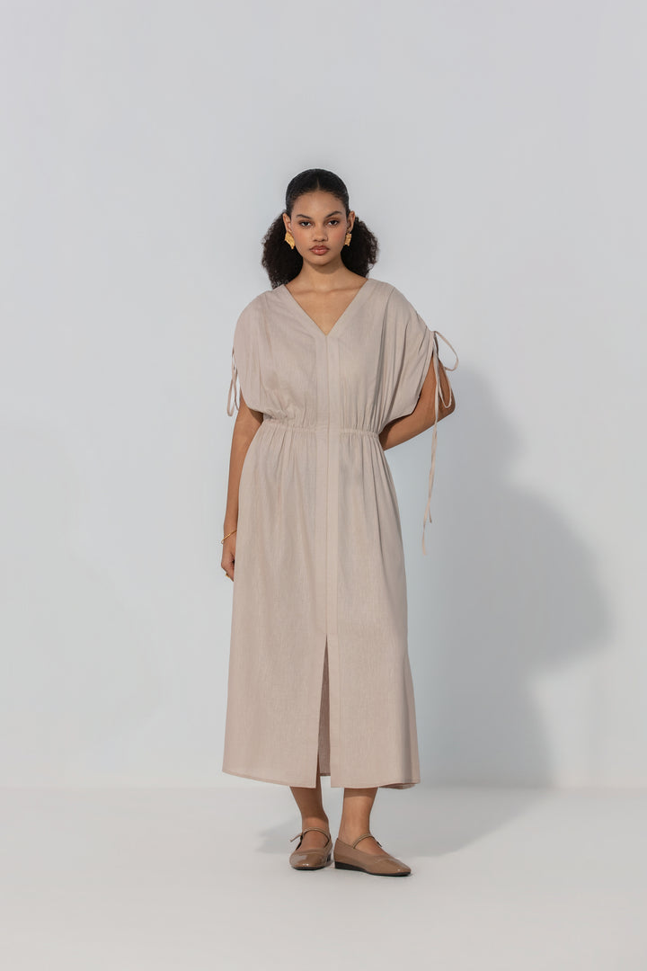 Taupe Drawstring Sleeve Maxi Dress