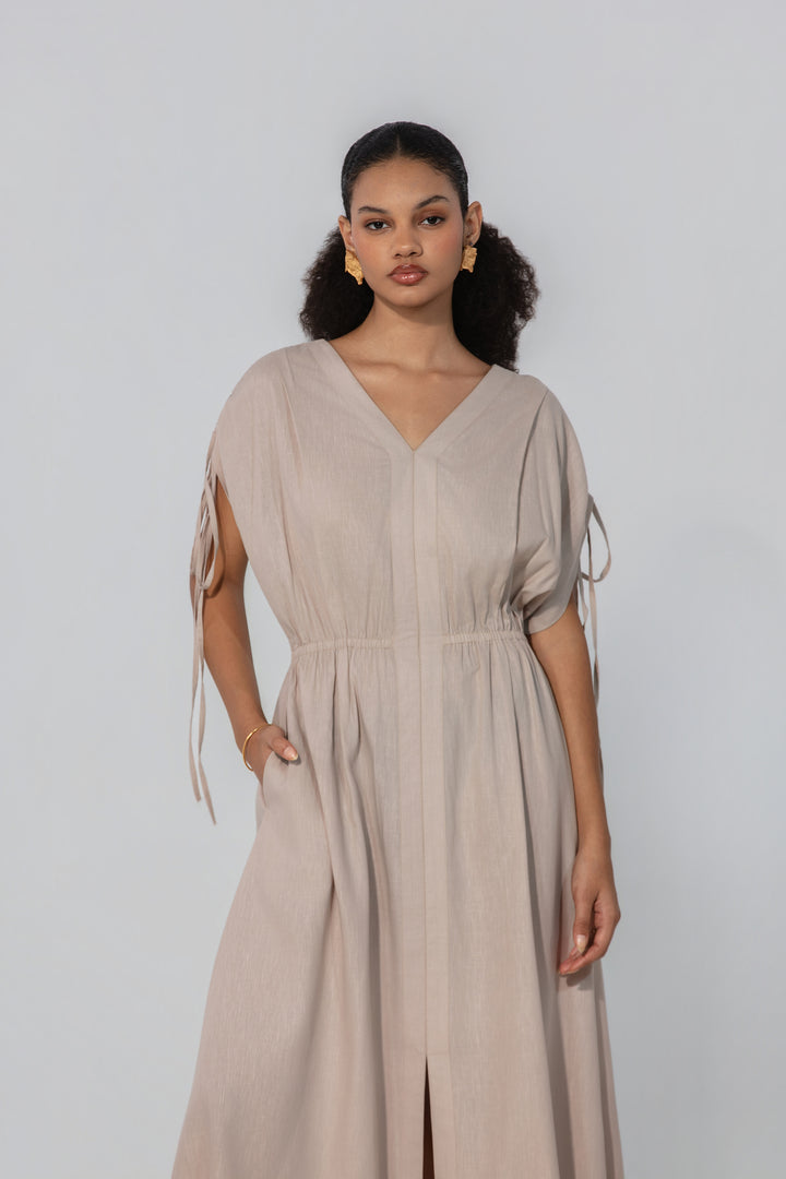 Taupe Drawstring Sleeve Maxi Dress