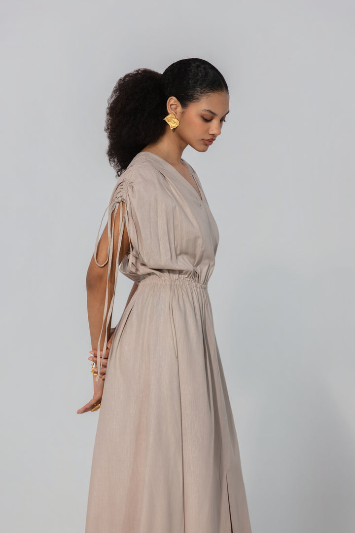Taupe Drawstring Sleeve Maxi Dress