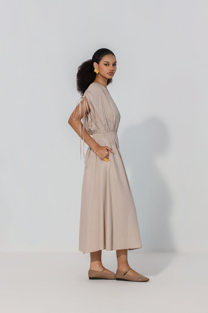 Taupe Drawstring Sleeve Maxi Dress