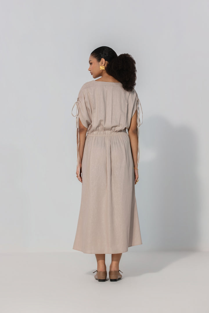 Taupe Drawstring Sleeve Maxi Dress