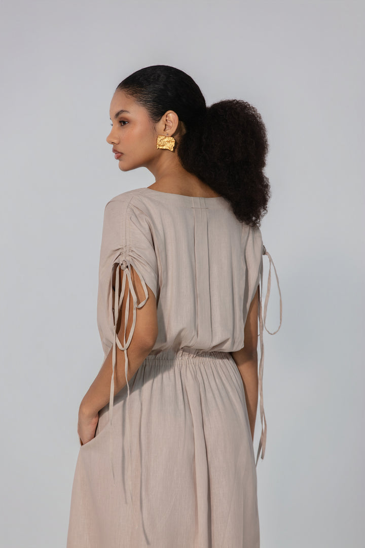Taupe Drawstring Sleeve Maxi Dress