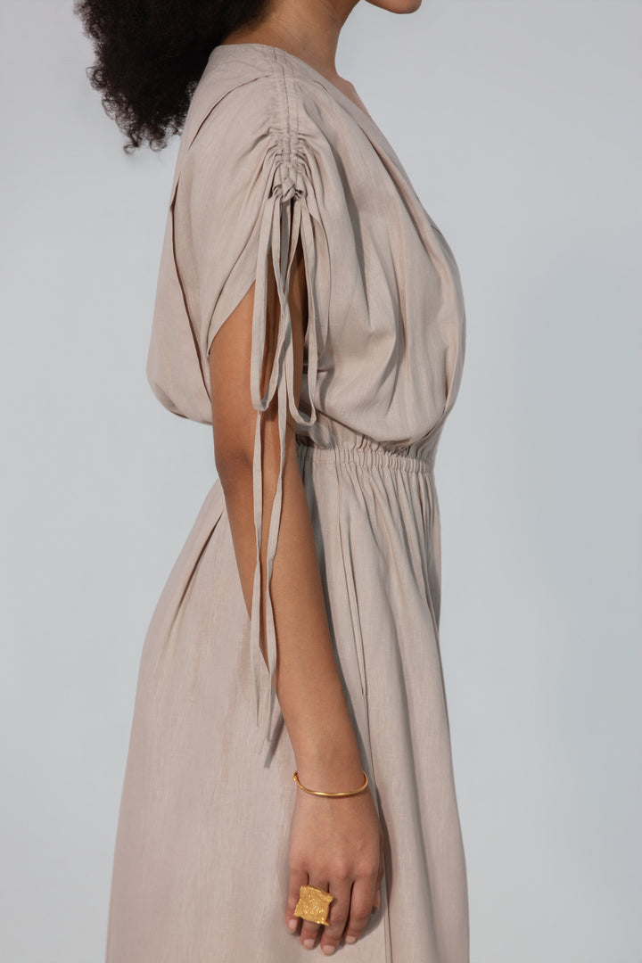 Taupe Drawstring Sleeve Maxi Dress