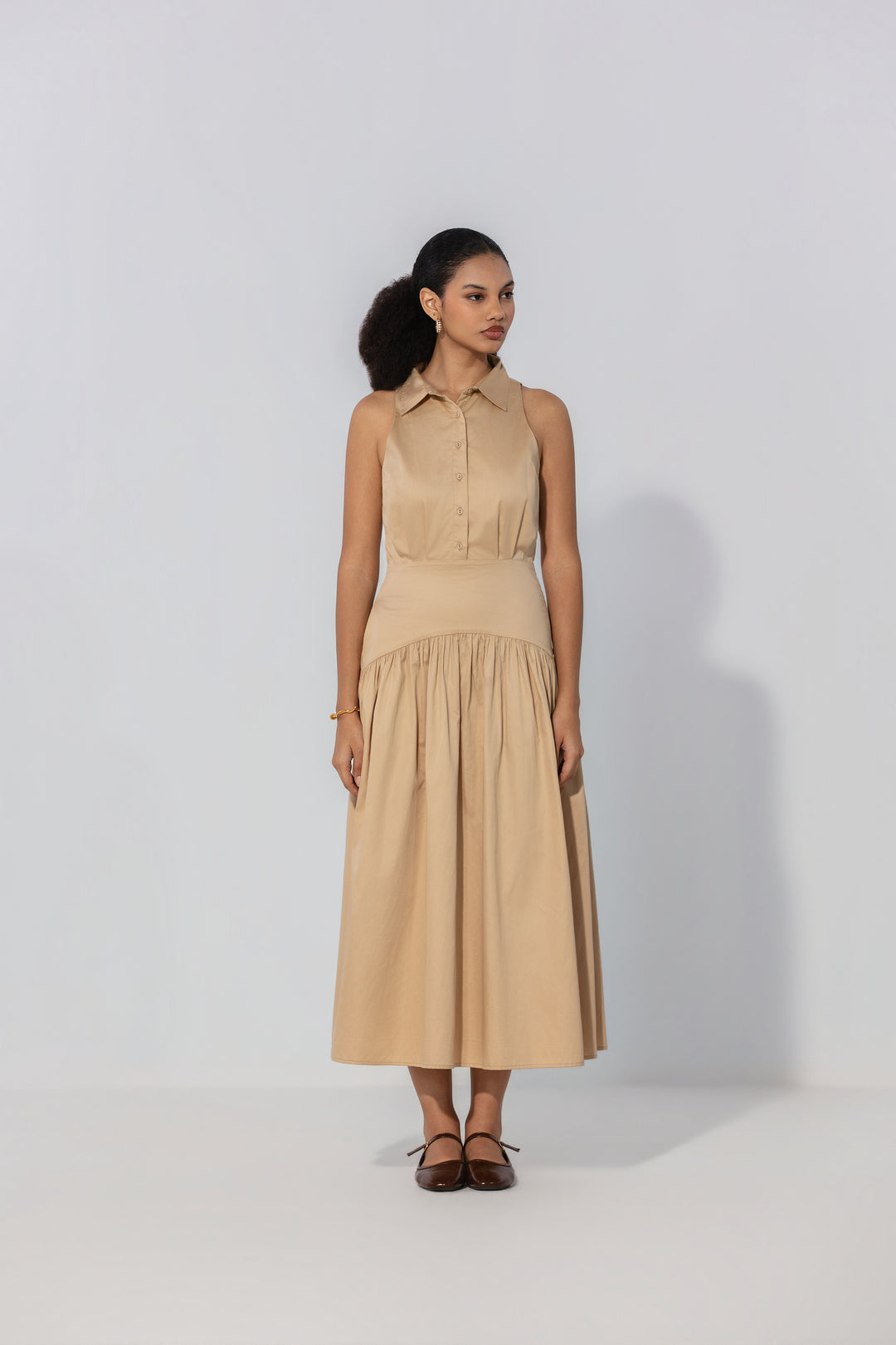 Sand Collared Drop-Waist Maxi Dress