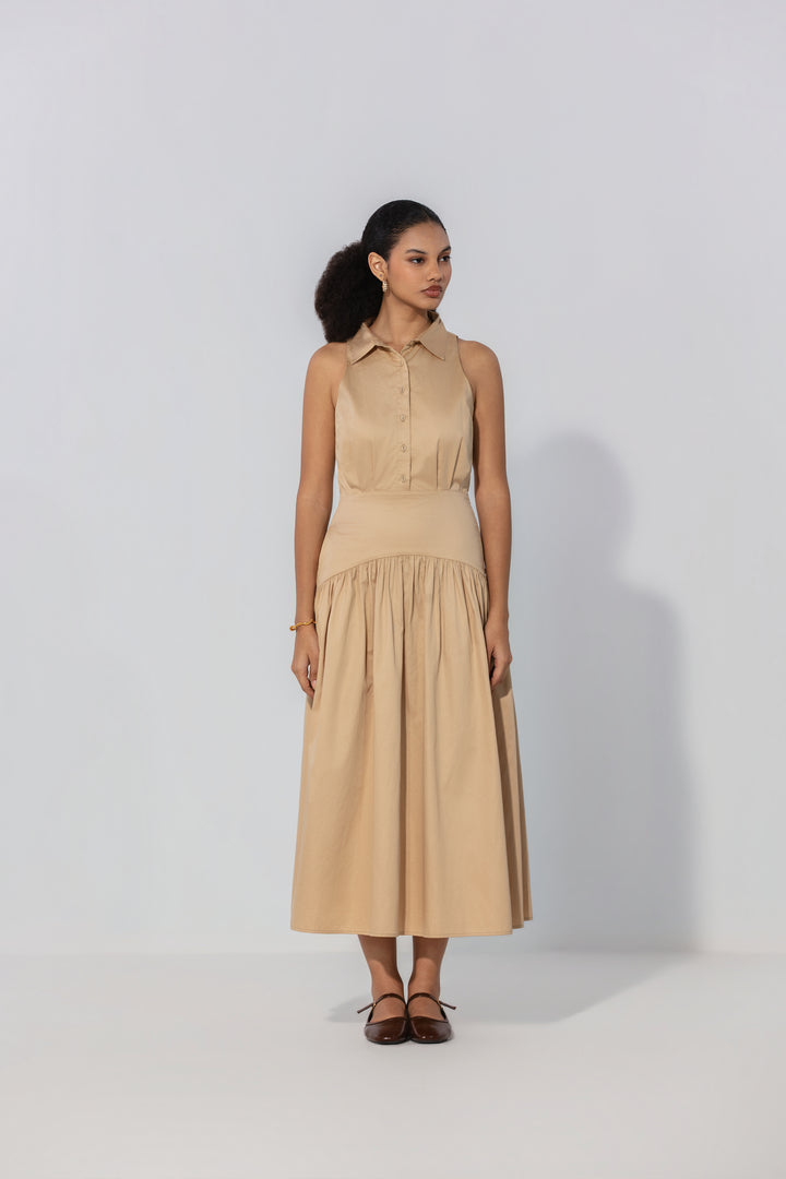 Sand Collared Drop-Waist Maxi Dress