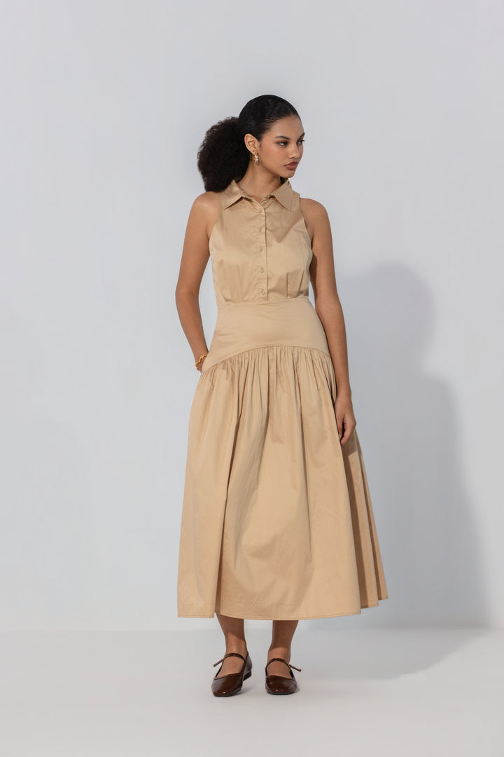 Sand Collared Drop-Waist Maxi Dress