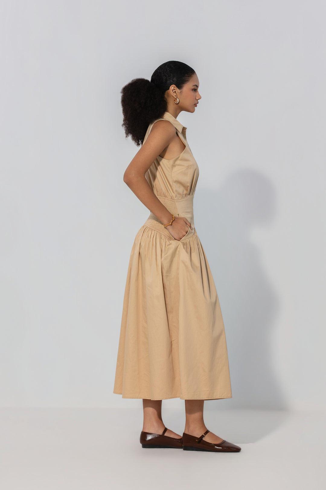 Sand Collared Drop-Waist Maxi Dress