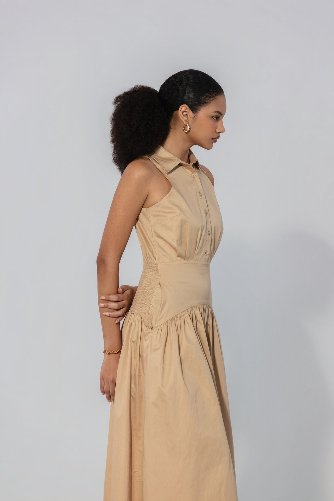 Sand Collared Drop-Waist Maxi Dress