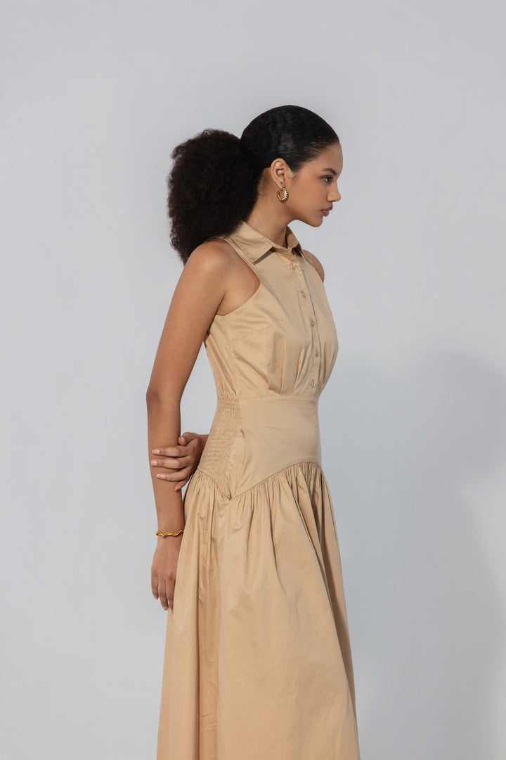 Sand Collared Drop-Waist Maxi Dress